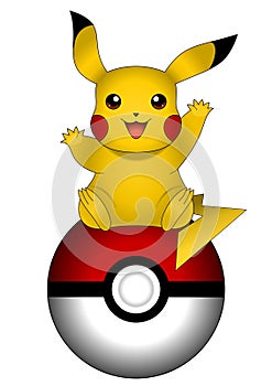 Vector illustration of Pikachu on pokeball isolated on white background, pokemon