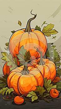 vector illustration of a pile of pumpkins with leaves
