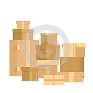 Vector illustration pile of stacked sealed goods cardboard boxes. Delivery boxes and containers isolated on white