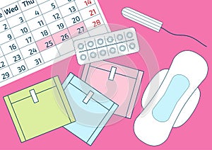 Vector illustration of pills and a blood period calendar. Menstruation period pain protection, sanitary pads. Feminine hygiene pro