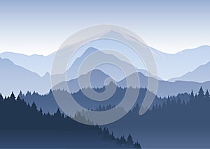 Vector illustration of the pine trees forest receding into the distance on the background of light blue mountains in