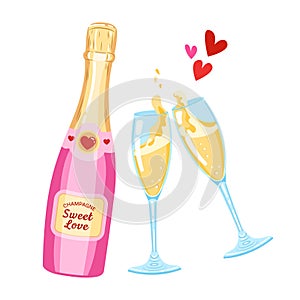 Vector illustration of pink champagne bottle and glasses for valentine's day. Festive sparkling wine and glasses