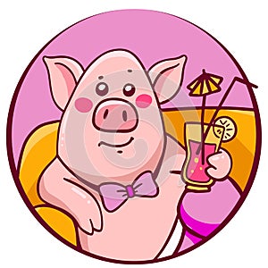 Vector illustration of pink color complacent character pig with