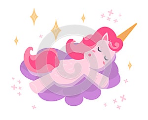 Vector illustration of a pink cute unicorn sleeping on a cloud and dreaming distant dreams. Postcard printing, scrapbooking, print