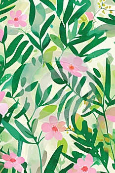 Vector illustration of pink flowers and green leaves background wallpaper pattern