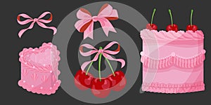 Vector Illustration of pink girly vintage bows, bento cake, vintage lambeth cake and cherry. Cute bento lambeth cake