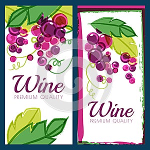 Vector illustration of pink grape vine and green leaves. Set of