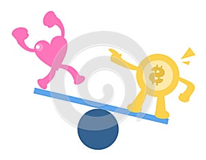 Vector illustration pink heart love and money gold coin dollar economy balance flat design cartoon style