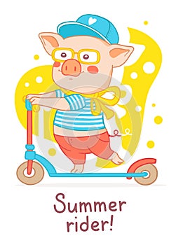 Vector illustration of pink piglet in clothes, in a cap, glasses