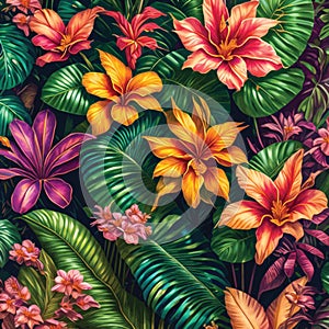 Vector illustration of pink purple yellow flowers and green leaves background wallpaper pattern