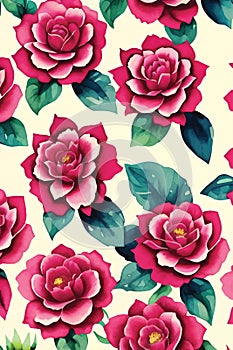 Vector illustration of pink red flowers roses and green leaves background wallpaper pattern