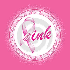 Vector illustration with pink ribbon on white in the mosaic round frame. Elegance design for woman health campaign.