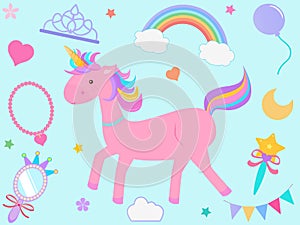 Vector illustration of Pink Unicorn cartoon with cute pastel elements, princess crown rainbow necklace mirror balloon magic wand