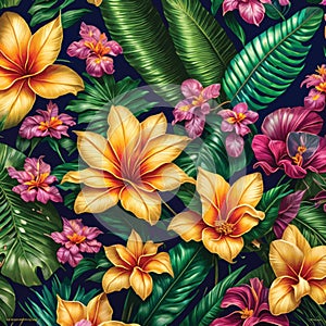 Vector illustration of pink and yellow tropical flowers and green leaves background wallpaper pattern