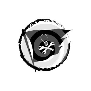 Vector illustration pirate flag mechanic lamp bulb grunge logo icon company in silhouette black white style design