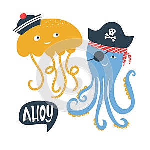 Vector illustration with pirate word Ahoy lettering and sea animals with pirate`s hat, cap, scull and bones. Kids logo emblem.