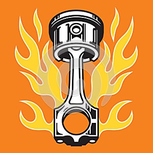 Piston with flames hot rod car part badge or emblem.