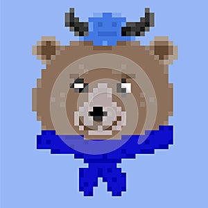Vector illustration of a pixel bear with a viking helmet