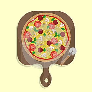 Vector illustration of a Pizza including pizza ingridients Mushroom Pepperoni Onion Sweet Pepper Tomato Cheese Basil