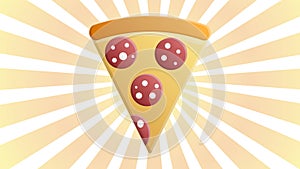 Vector illustration. Pizza slice with melted cheese and pepperoni on blue background with shining rays. Sticker in cartoon style