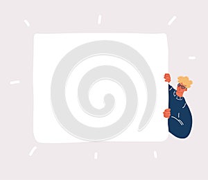 Vector illustration of Place For Your Ad. Man holding empty blank board. Square paper for template