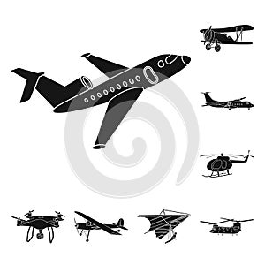 Vector illustration of plane and transport symbol. Collection of plane and sky stock vector illustration.