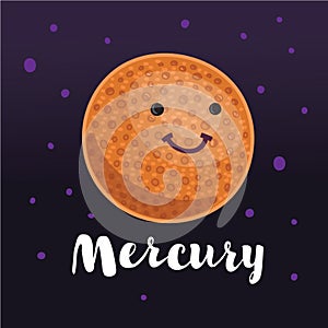 Vector illustration planet Mercury in retro flat cartoon style. Poster for children room, education.