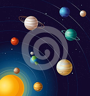 Vector illustration of planets on orbits the sun astronomy educational banner. All planets of solar system with blue