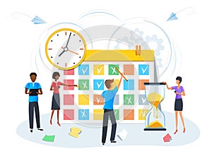Vector illustration, planning schedule calendar reminder, organize daily routine, business people meeting