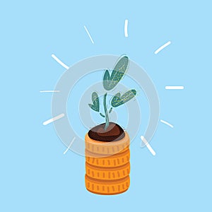 Vector illustration of Plant on stack of coins on blue backround.