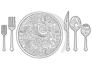 Vector illustration of plate, knife, spoon and fork. Cutlery set.