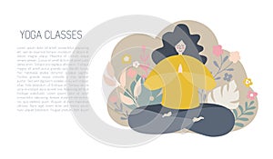 Vector illustration of a plus size yogi woman meditating in the Lotus pose. Cute flat female character.