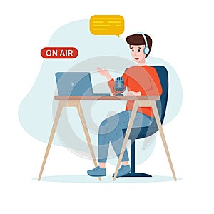 Vector illustration: podcast concept. Podcaster man talking to microphone while recording podcast