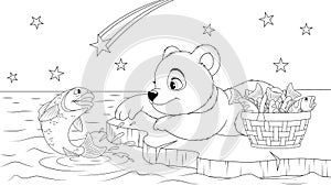 Vector illustration, a polar bear cub catches a fish on an ice floe at night