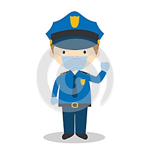 Vector illustration of a policeman with surgical mask and latex gloves as protection against a health emergency