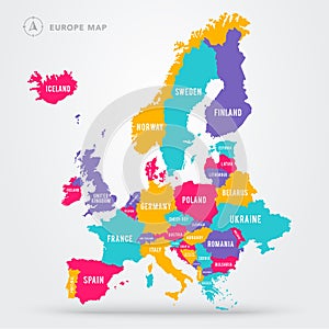 Vector illustration political map of europe. European continent in four colors with country name labels.