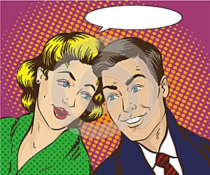 Vector illustration in pop art style. Woman and man talk to each other. Retro comic. Gossip, rumors talks