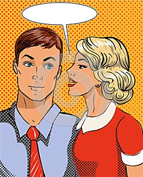 Vector illustration in pop art style. Woman telling secret to man. Retro comic. Gossip and rumors talks
