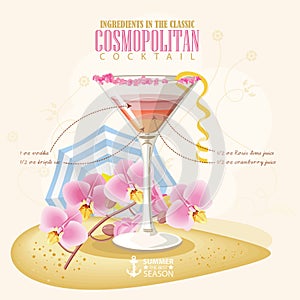 Vector illustration of popular alcoholic cocktail. Cosmopolitan club alcohol shot.