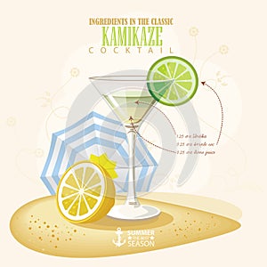 Vector illustration of popular alcoholic cocktail. Kamikaze club alcohol shot.