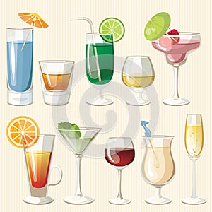 Vector illustration of popular alcoholic cocktails. Bloody Mary, Tequila Sunrise, Mojito, Cosmopolitan, Pina Colada, Caipirinha