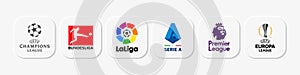 Vector illustration of popular european league web buttons. UEFA Champions Leagus, Bundesliga, La Liga, Serie A, Premier League