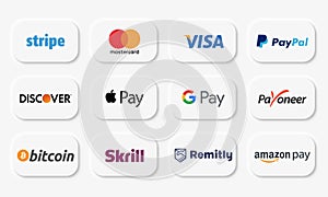 Vector illustration of popular payments systems and e-wallet. White web buttons, Neumorphism style