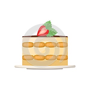 Vector illustration of a portion of tiramisu on a saucer decorated with strawberries and mint
