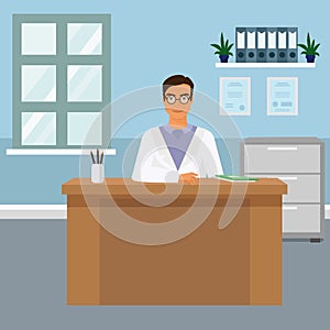 Vector illustration portrait of handsome young male doctor at his office sitting at the desk and smiling. Happy doctor