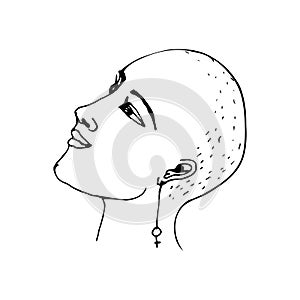 Vector illustration with a portrait of a young feminist woman. Line drawing of a girl bald in profile with a sign of feminism