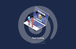 Vector Illustration On Post Office Tracking Service And Vehicles Concept. Isometric 3D Composition In Cartoon Style