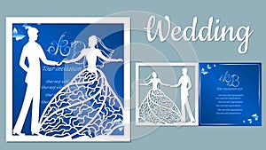 Vector illustration Postcard. Invitation and greeting card with With the groom and the bride. Pattern for the laser cut, boy and