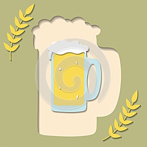 Vector illustration of a postcard in a paper-cut style. a glass of beer in the cut-out shape of a glass of beer