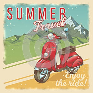 Vector illustration, poster with red vintage scooter, moped in grunge style.